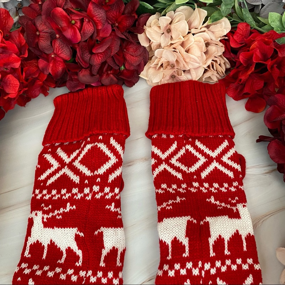 Sexy Over the Knee Red Knit Reindeer Snowflake Socks with Pom Poms - Picture 12 of 15